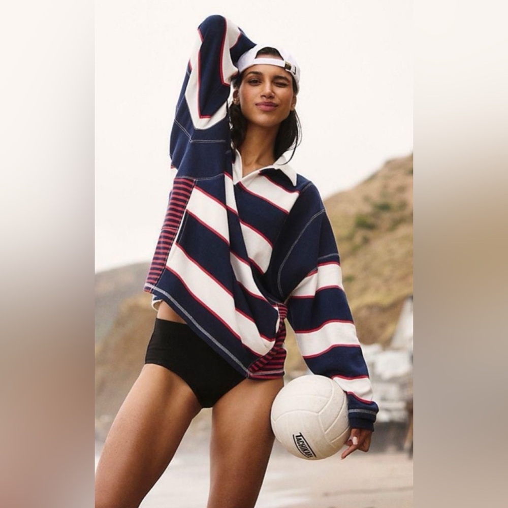 FREE PEOPLE Movement Work It Out Printed Rugby Striped Pullover Sweatshirt